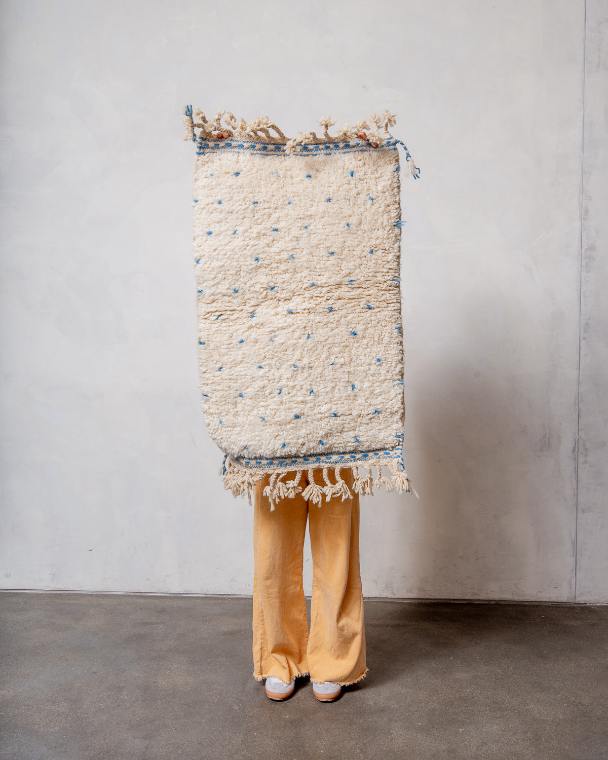 Modern, designer, handcrafted Berber rug from Morocco. Beniourain carpet with beautiful colours and patterns and fluffy wool texture.